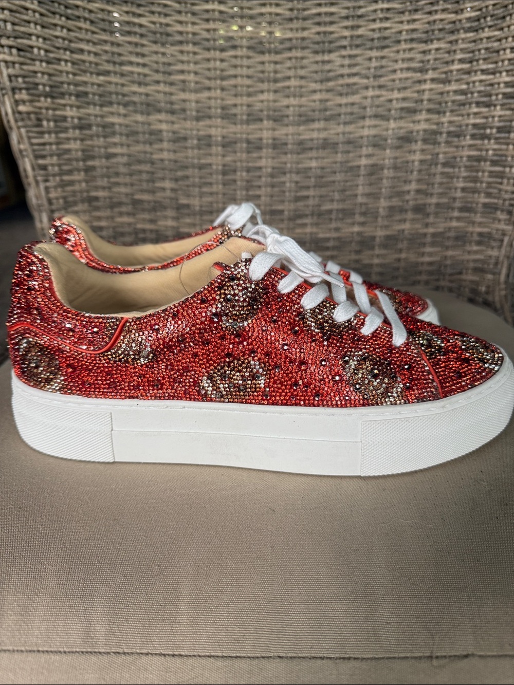 Betsey Johnson Women's Football Season Platform Sneakers Sidny Orange rhinestone